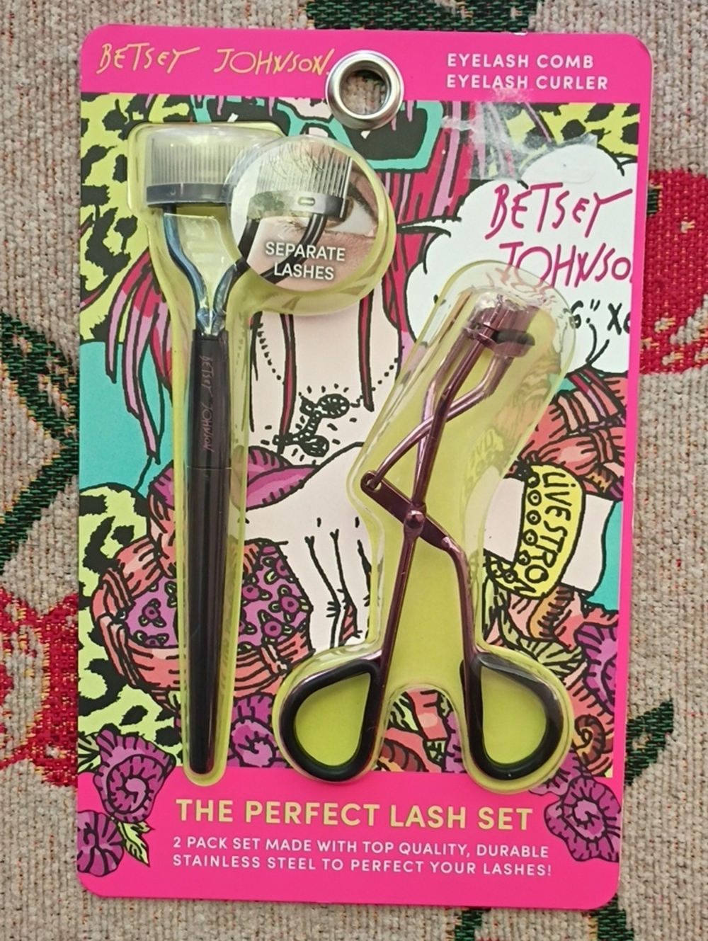 Betsey Johnson Pink and Purple Eyelash Curler & Comb Set